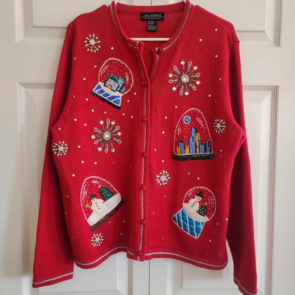 ALL POINTS Red Christmas‎ Beaded Embroided Snow Globe Sweater Cardigan, Sz L
